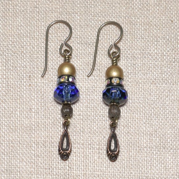 Hand Crafted Handmade Earrings Blue Czech Glass Earrings with Rhinestones - Picture 1 of 5